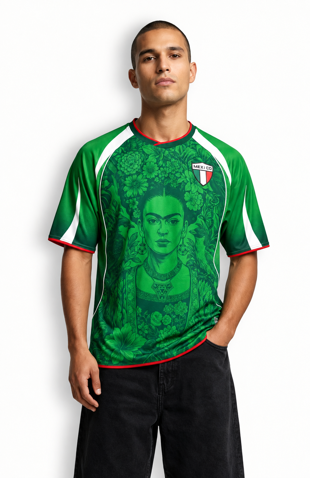 Varldens Mexico Frida Kahlo Aztec Heritage 2027 Home Jersey featuring Azteca ball graphics and El Tri pride.