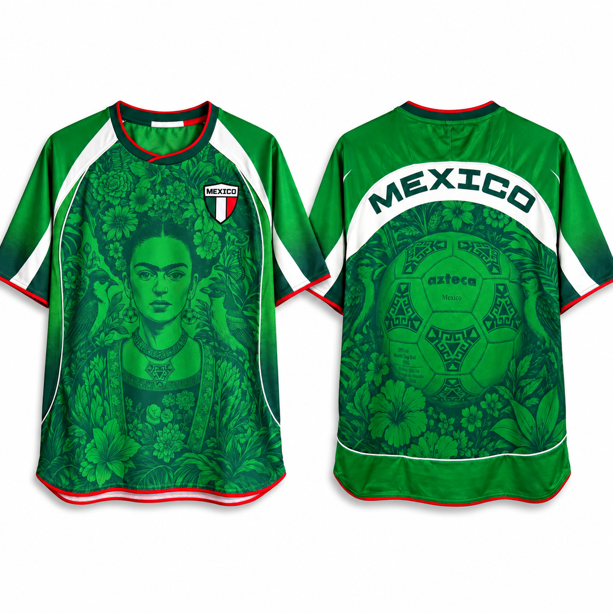 Varldens Mexico Frida Kahlo Aztec Heritage 2027 Home Jersey featuring Azteca ball graphics and El Tri pride.