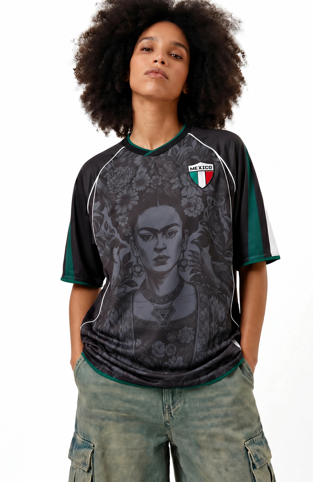 Varldens Mexico Frida Kahlo Aztec Heritage 2027 Away Jersey featuring monochrome Azteca ball graphics and dark aesthetic.