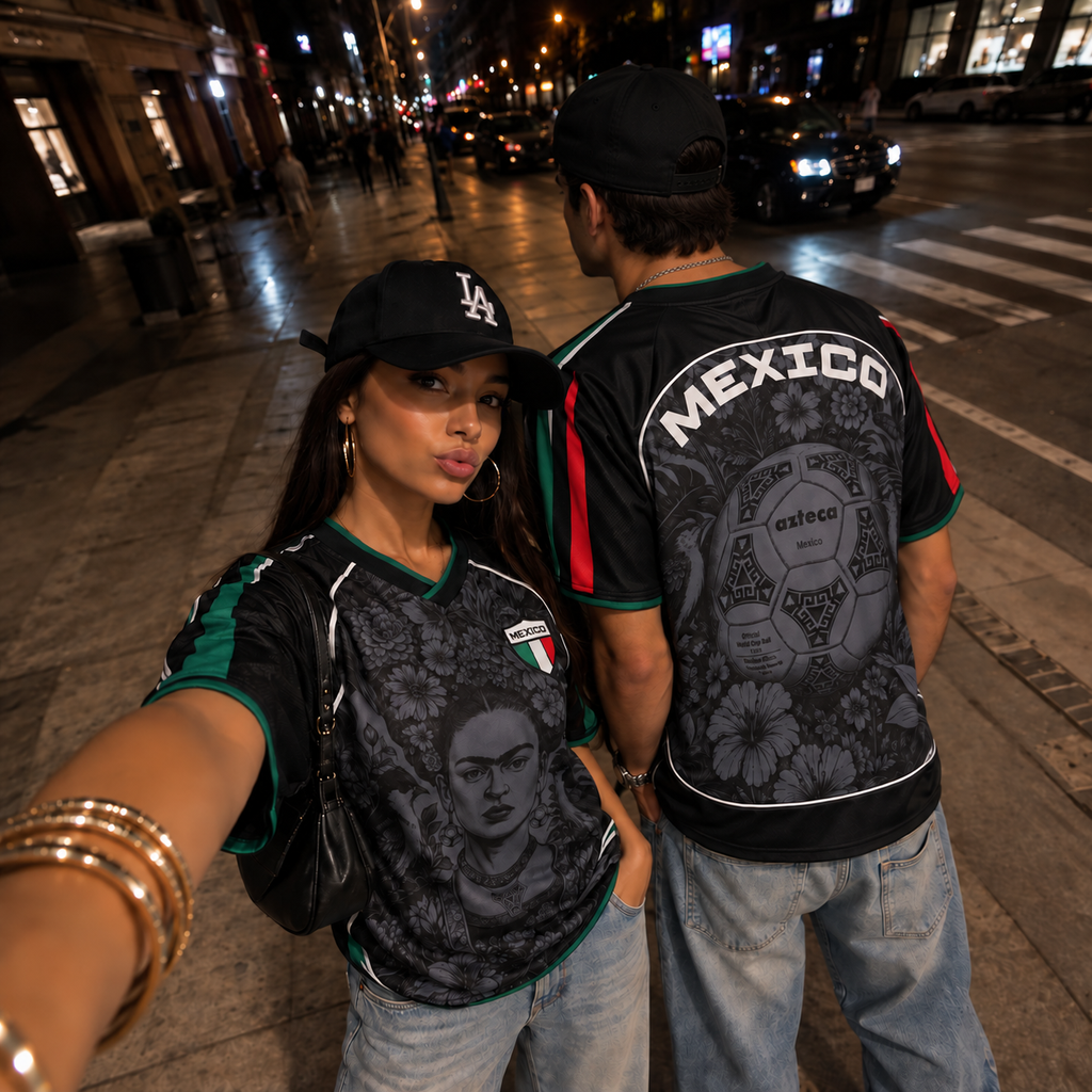 Varldens Mexico Frida Kahlo Aztec Heritage 2027 Away Jersey featuring monochrome Azteca ball graphics and dark aesthetic.