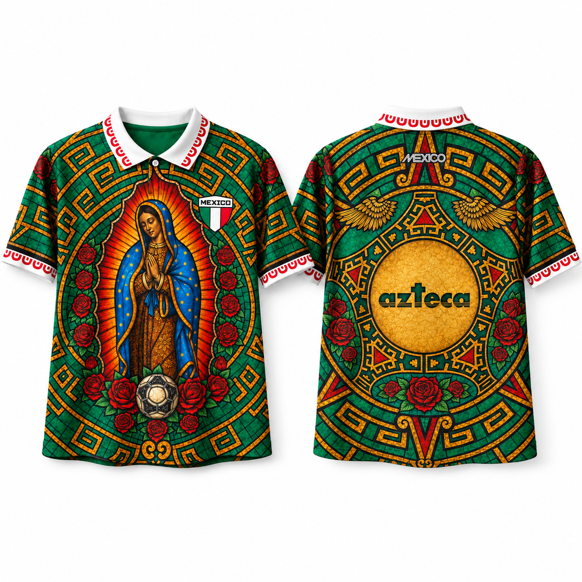 Front and back views of a short-sleeve Mexican-themed soccer jersey. The jersey features a green base with a large graphic of Our Lady of Guadalupe on the front, a central gold circle with the word 'azteca' on the back, Mexican flag details, and a white collar with red patterned trim. Varldens