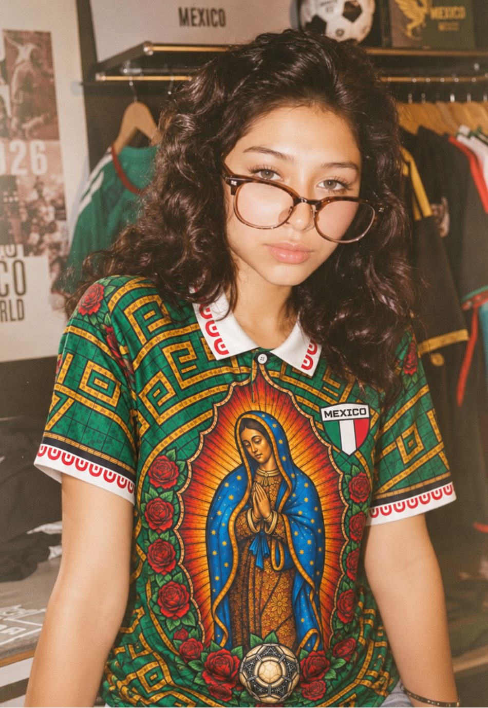 A woman with curly dark hair and glasses wearing a vibrant green Mexico soccer-themed short-sleeve polo shirt with a large Guadalupe graphic, standing in a retail store. Varldens