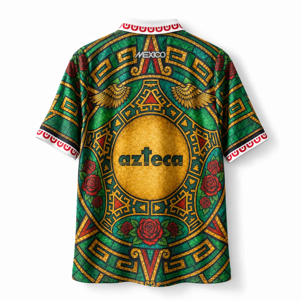 A short-sleeve Mexican soccer jersey shown from the back, featuring a vibrant green base with a golden circular medallion, red roses, and geometric patterns. The collar is white with red and green trim, and the word 'MEXICO' is printed above the gold 'azteca' logo.  Varldens