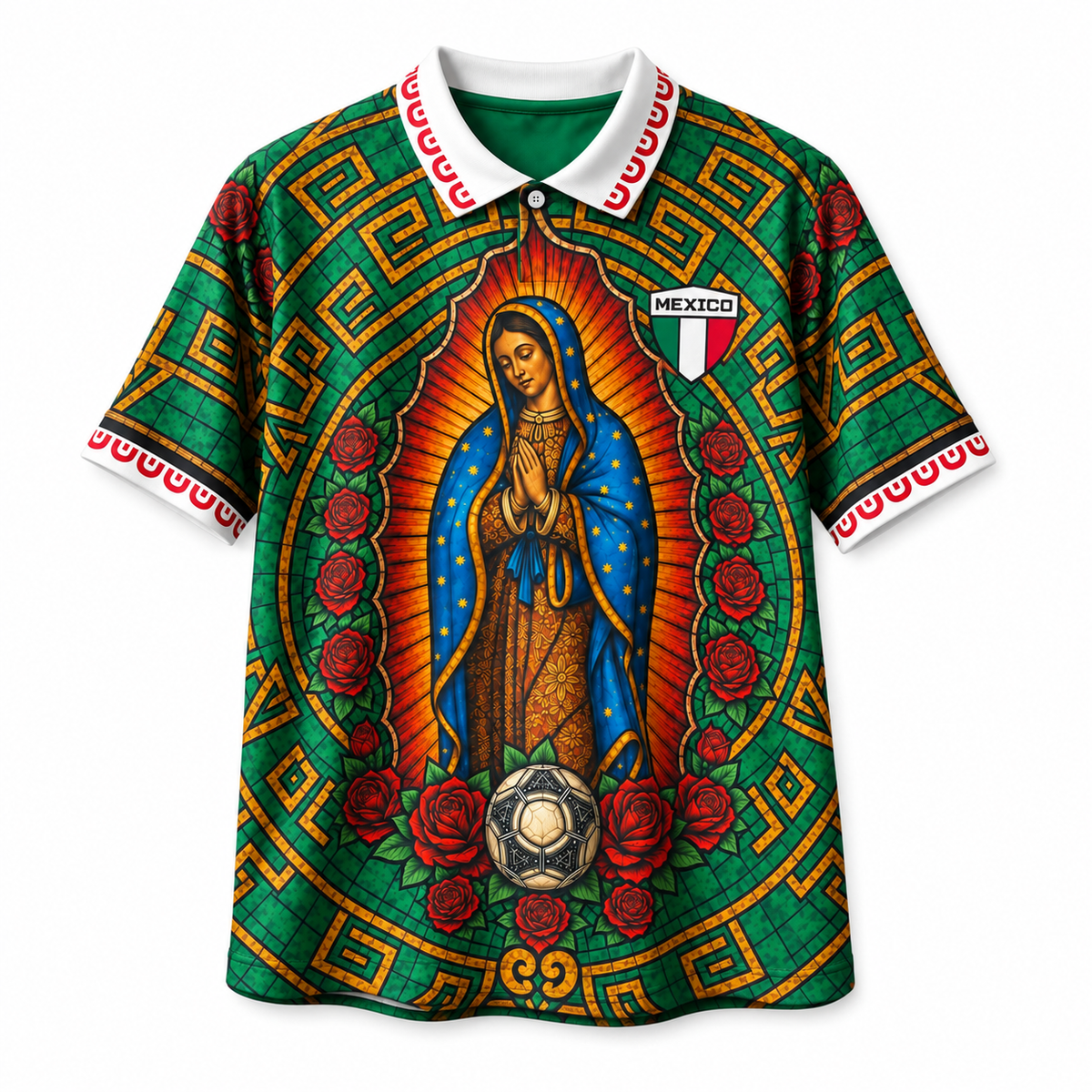 A short-sleeve soccer jersey featuring a large graphic of Our Lady of Guadalupe, a soccer ball, red roses, and a Mexican flag crest on a green background with geometric patterns. Varldens