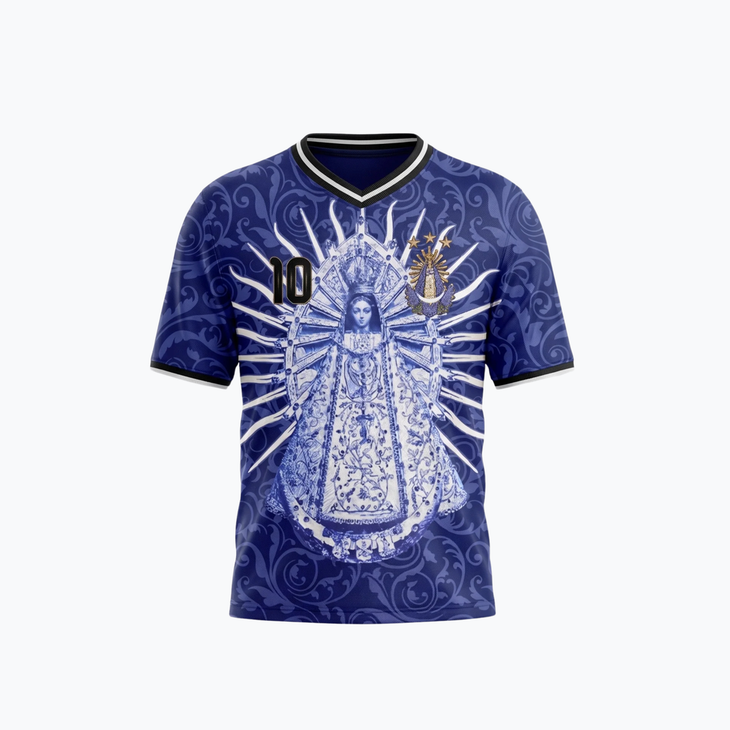 Front view of Varldens Argentina 2026 Away Jersey with Virgen de Luján art and Sol de Mayo emblem - Navy blue soccer streetwear