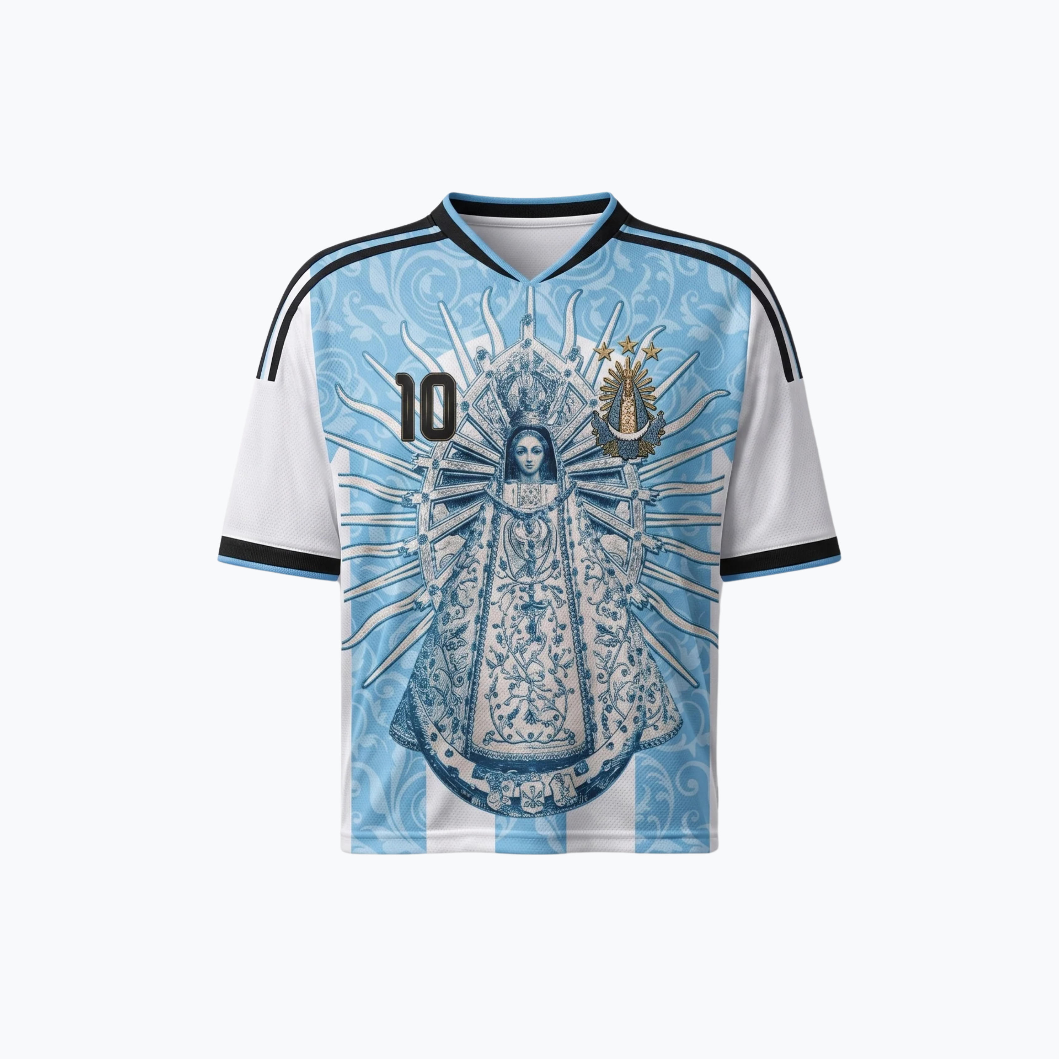 Model wearing Varldens Argentina soccer jersey with Virgen de Luján and Fileteado Porteño art - Blue and white striped heritage shirt