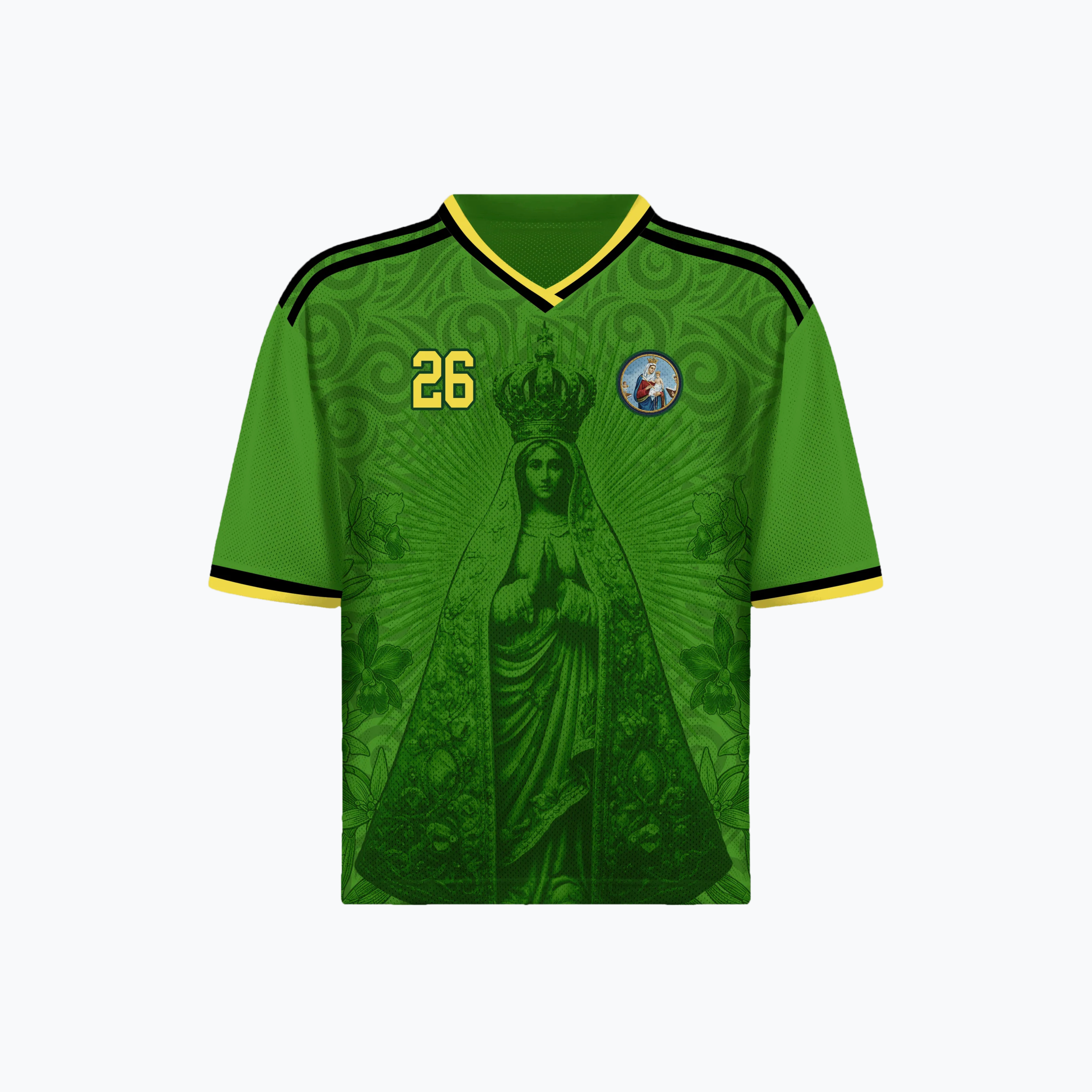 Varldens Colombia 2026 Emerald Green Heritage Jersey featuring Our Lady of Chiquinquirá and gold spiral patterns - Emerald green Colombian soccer shirt
