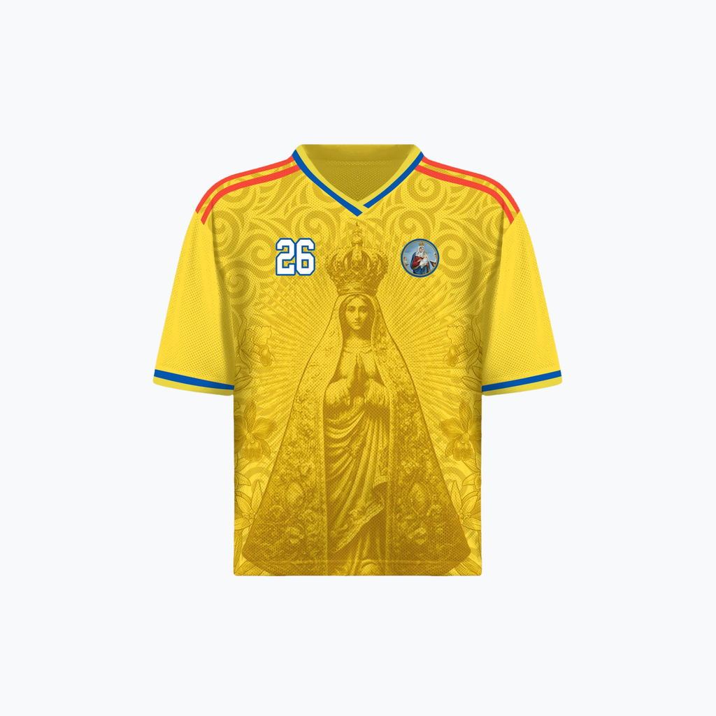 Varldens Colombia 2026 Yellow Heritage Jersey featuring Our Lady of Chiquinquirá and Pre-Columbian gold spirals - Colombian soccer streetwear