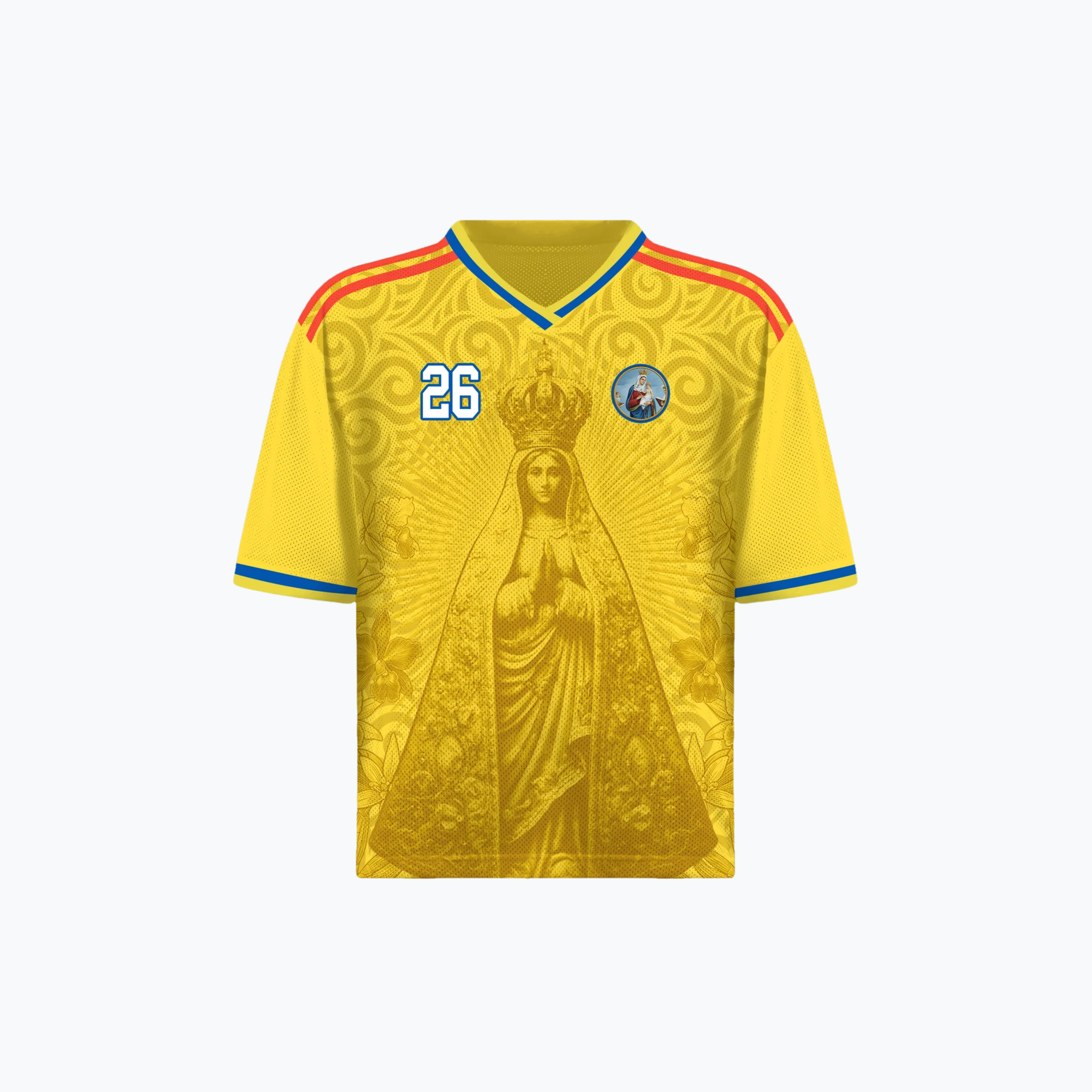 Varldens Colombia 2026 Yellow Heritage Jersey featuring Our Lady of Chiquinquirá and Pre-Columbian gold spirals - Colombian soccer streetwear