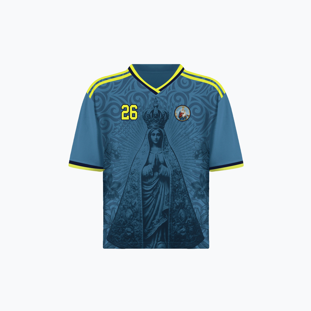 Varldens Colombia 2026 Blue Away Jersey featuring Our Lady of Chiquinquirá and Cattleya orchid patterns - Navy blue Colombian soccer shirt